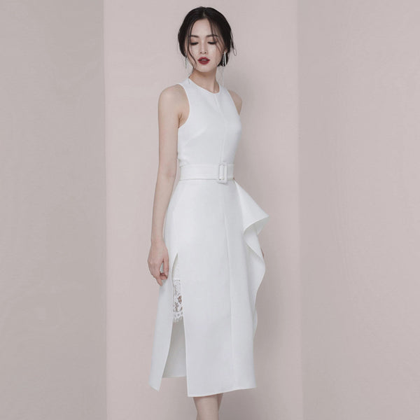 Temperament Gorgeous Women Halter Neckline Sleeveless Ruffle Split Side Sashes Lace Dress