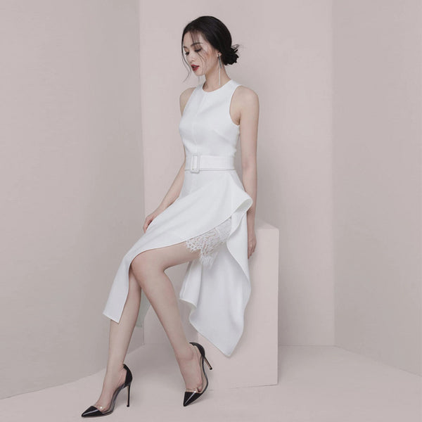 Temperament Gorgeous Women Halter Neckline Sleeveless Ruffle Split Side Sashes Lace Dress