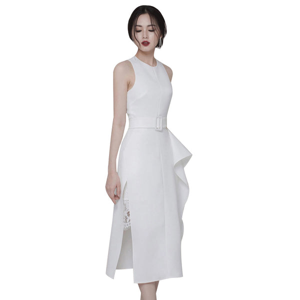 Temperament Gorgeous Women Halter Neckline Sleeveless Ruffle Split Side Sashes Lace Dress