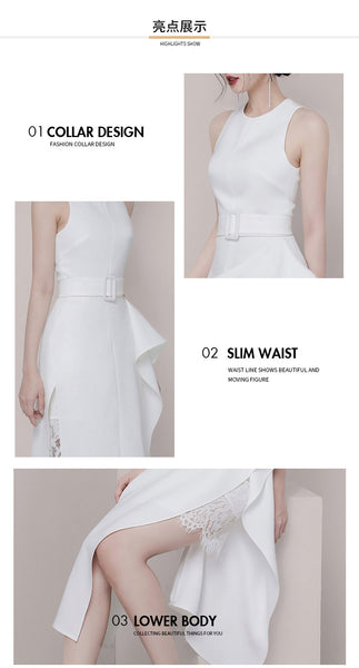 Temperament Gorgeous Women Halter Neckline Sleeveless Ruffle Split Side Sashes Lace Dress