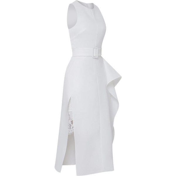 Temperament Gorgeous Women Halter Neckline Sleeveless Ruffle Split Side Sashes Lace Dress
