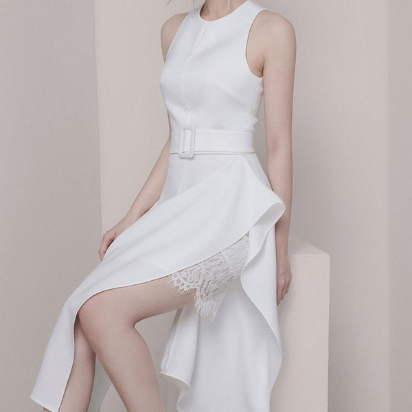 Temperament Gorgeous Women Halter Neckline Sleeveless Ruffle Split Side Sashes Lace Dress