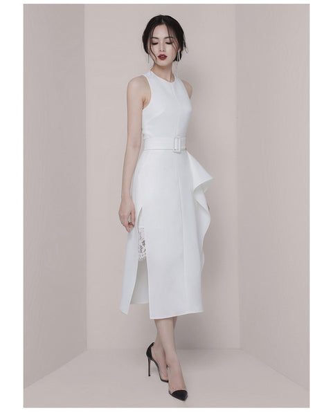 Temperament Gorgeous Women Halter Neckline Sleeveless Ruffle Split Side Sashes Lace Dress