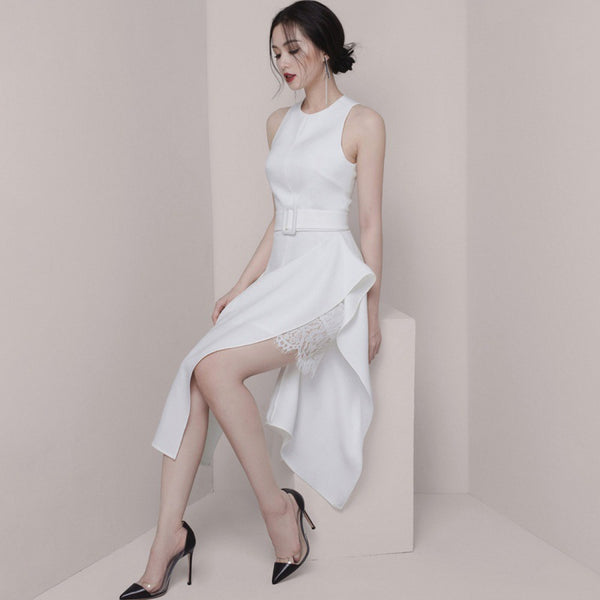Temperament Gorgeous Women Halter Neckline Sleeveless Ruffle Split Side Sashes Lace Dress