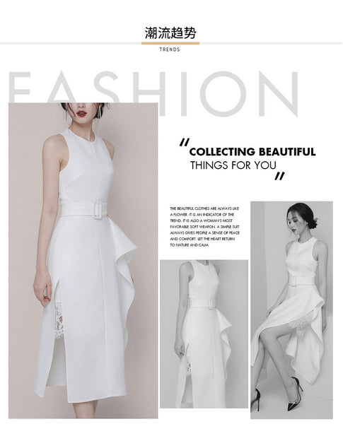 Temperament Gorgeous Women Halter Neckline Sleeveless Ruffle Split Side Sashes Lace Dress