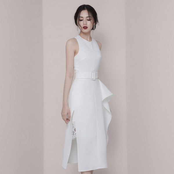 Temperament Gorgeous Women Halter Neckline Sleeveless Ruffle Split Side Sashes Lace Dress