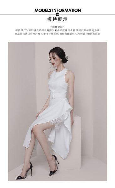 Temperament Gorgeous Women Halter Neckline Sleeveless Ruffle Split Side Sashes Lace Dress