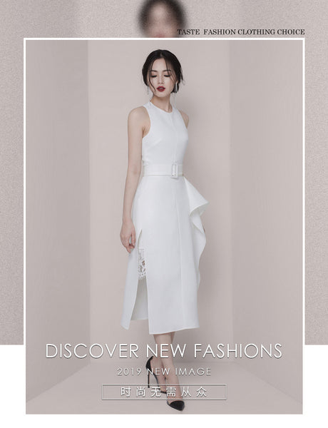 Temperament Gorgeous Women Halter Neckline Sleeveless Ruffle Split Side Sashes Lace Dress