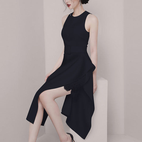 Temperament Gorgeous Women Halter Neckline Sleeveless Ruffle Split Side Sashes Lace Dress
