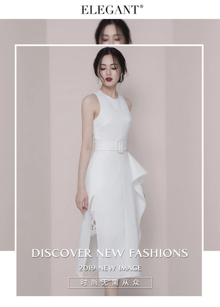 Temperament Gorgeous Women Halter Neckline Sleeveless Ruffle Split Side Sashes Lace Dress