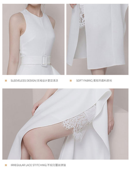 Temperament Gorgeous Women Halter Neckline Sleeveless Ruffle Split Side Sashes Lace Dress