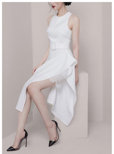 Temperament Gorgeous Women Halter Neckline Sleeveless Ruffle Split Side Sashes Lace Dress