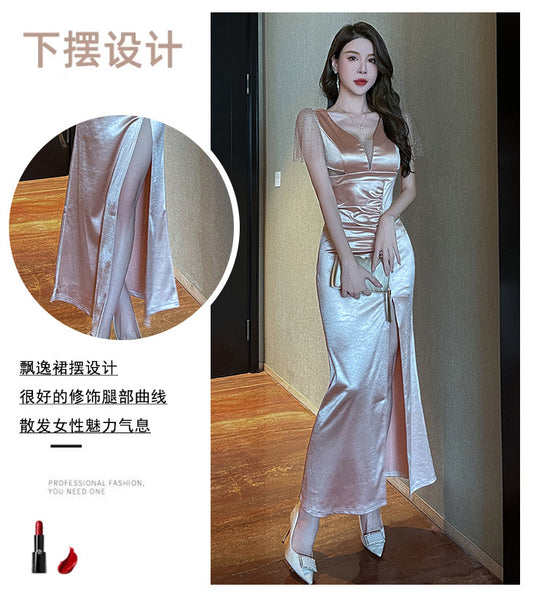 Elegant Sexy See Through Deep V Neck High Waist Side High Slit Slim Bodycon Pleated Long Dresses Party Gown