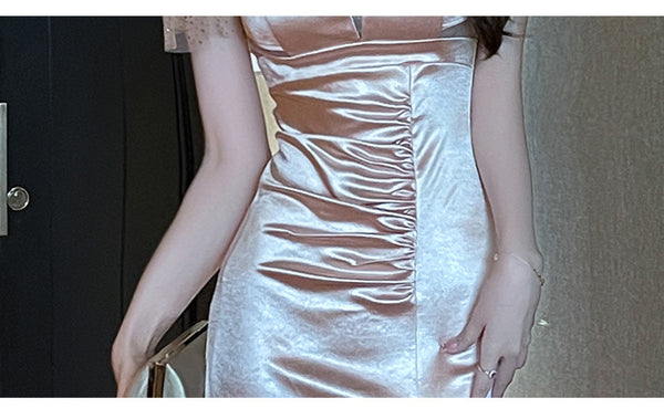 Elegant Sexy See Through Deep V Neck High Waist Side High Slit Slim Bodycon Pleated Long Dresses Party Gown