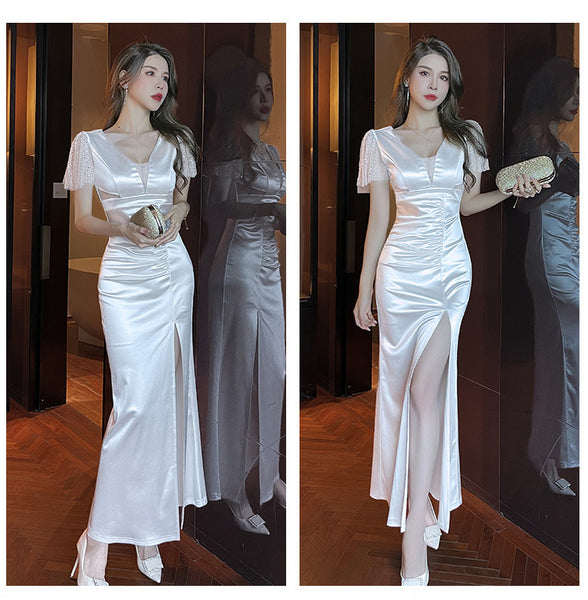 Elegant Sexy See Through Deep V Neck High Waist Side High Slit Slim Bodycon Pleated Long Dresses Party Gown