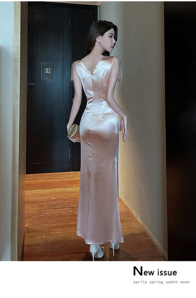 Elegant Sexy See Through Deep V Neck High Waist Side High Slit Slim Bodycon Pleated Long Dresses Party Gown