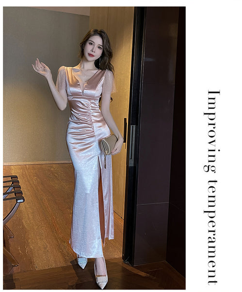 Elegant Sexy See Through Deep V Neck High Waist Side High Slit Slim Bodycon Pleated Long Dresses Party Gown