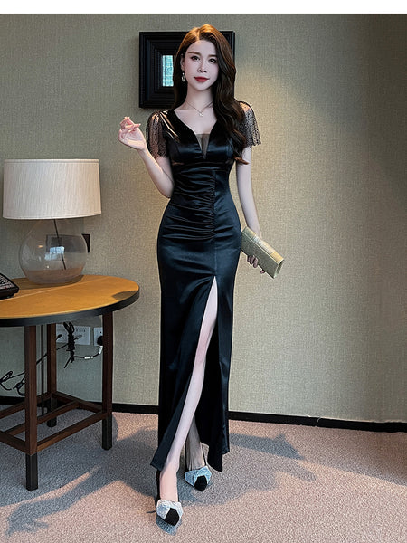 Elegant Sexy See Through Deep V Neck High Waist Side High Slit Slim Bodycon Pleated Long Dresses Party Gown