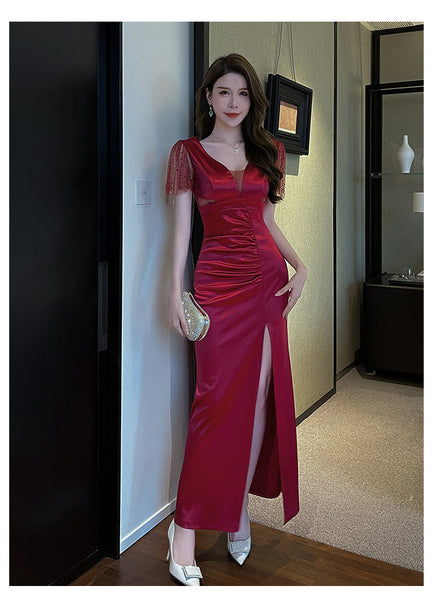 Elegant Sexy See Through Deep V Neck High Waist Side High Slit Slim Bodycon Pleated Long Dresses Party Gown