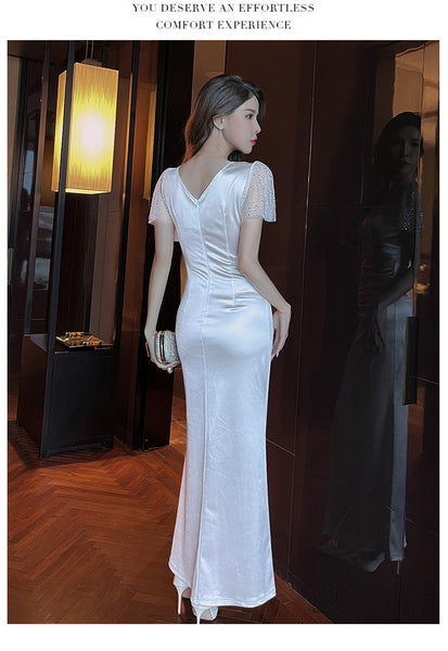Elegant Sexy See Through Deep V Neck High Waist Side High Slit Slim Bodycon Pleated Long Dresses Party Gown