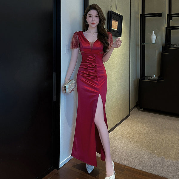 Elegant Sexy See Through Deep V Neck High Waist Side High Slit Slim Bodycon Pleated Long Dresses Party Gown