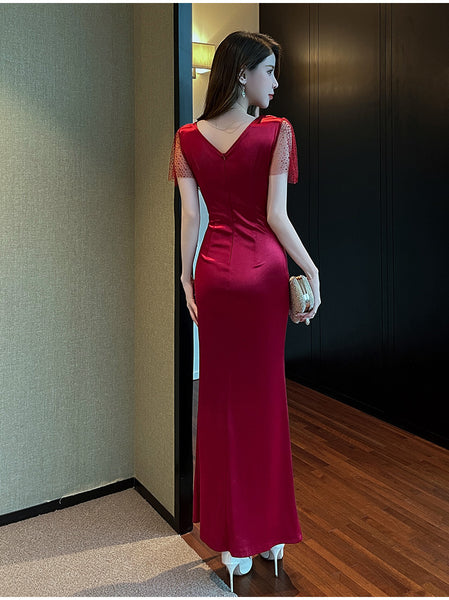 Elegant Sexy See Through Deep V Neck High Waist Side High Slit Slim Bodycon Pleated Long Dresses Party Gown