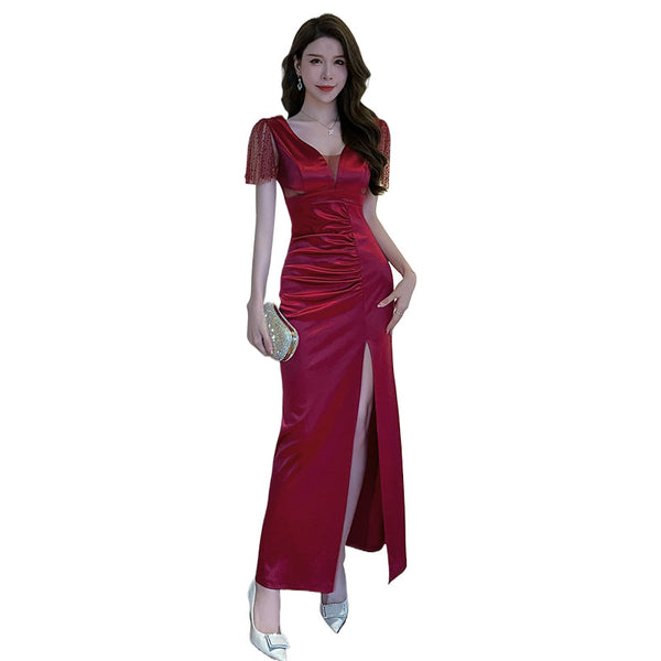 Elegant Sexy See Through Deep V Neck High Waist Side High Slit Slim Bodycon Pleated Long Dresses Party Gown