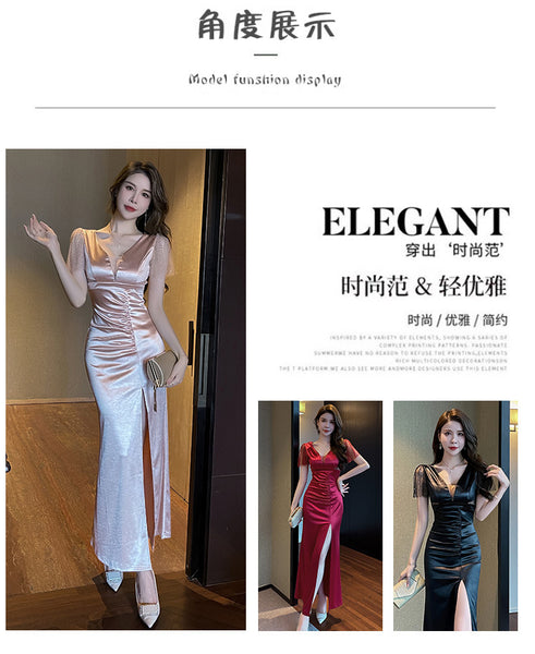 Elegant Sexy See Through Deep V Neck High Waist Side High Slit Slim Bodycon Pleated Long Dresses Party Gown