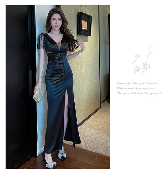 Elegant Sexy See Through Deep V Neck High Waist Side High Slit Slim Bodycon Pleated Long Dresses Party Gown