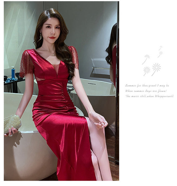 Elegant Sexy See Through Deep V Neck High Waist Side High Slit Slim Bodycon Pleated Long Dresses Party Gown