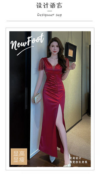 Elegant Sexy See Through Deep V Neck High Waist Side High Slit Slim Bodycon Pleated Long Dresses Party Gown