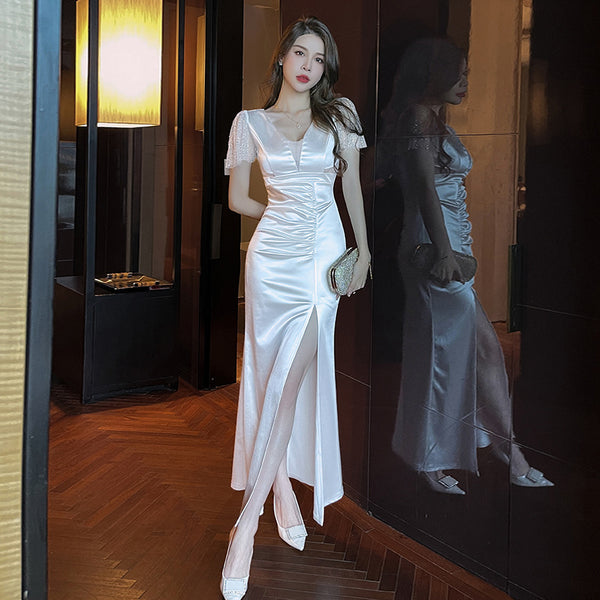 Elegant Sexy See Through Deep V Neck High Waist Side High Slit Slim Bodycon Pleated Long Dresses Party Gown