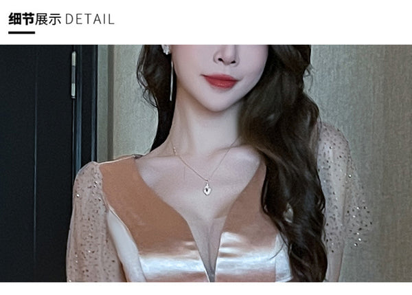 Elegant Sexy See Through Deep V Neck High Waist Side High Slit Slim Bodycon Pleated Long Dresses Party Gown