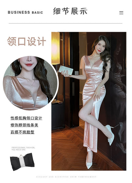 Elegant Sexy See Through Deep V Neck High Waist Side High Slit Slim Bodycon Pleated Long Dresses Party Gown