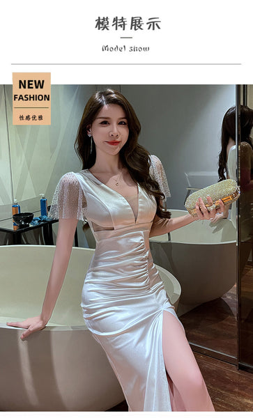 Elegant Sexy See Through Deep V Neck High Waist Side High Slit Slim Bodycon Pleated Long Dresses Party Gown