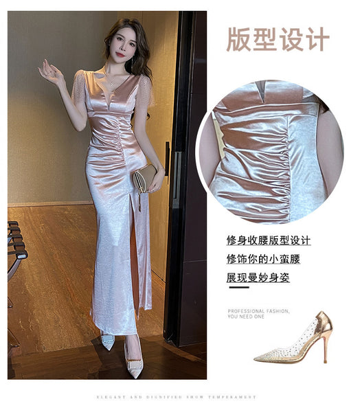 Elegant Sexy See Through Deep V Neck High Waist Side High Slit Slim Bodycon Pleated Long Dresses Party Gown