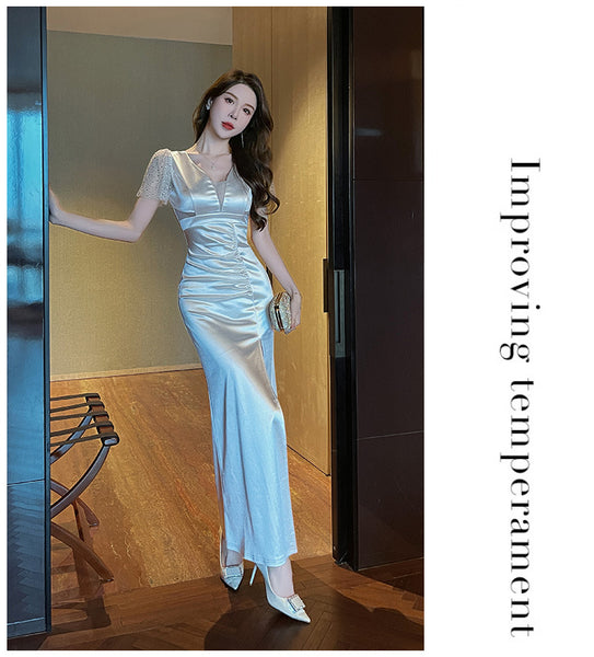 Elegant Sexy See Through Deep V Neck High Waist Side High Slit Slim Bodycon Pleated Long Dresses Party Gown