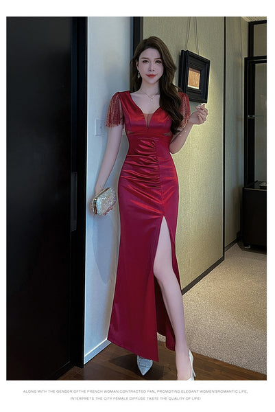 Elegant Sexy See Through Deep V Neck High Waist Side High Slit Slim Bodycon Pleated Long Dresses Party Gown