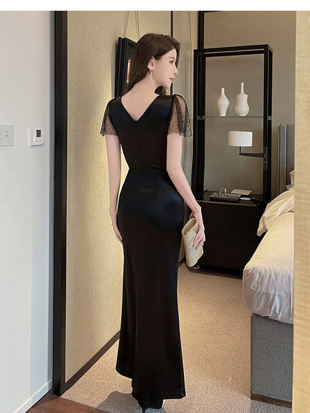 Elegant Sexy See Through Deep V Neck High Waist Side High Slit Slim Bodycon Pleated Long Dresses Party Gown