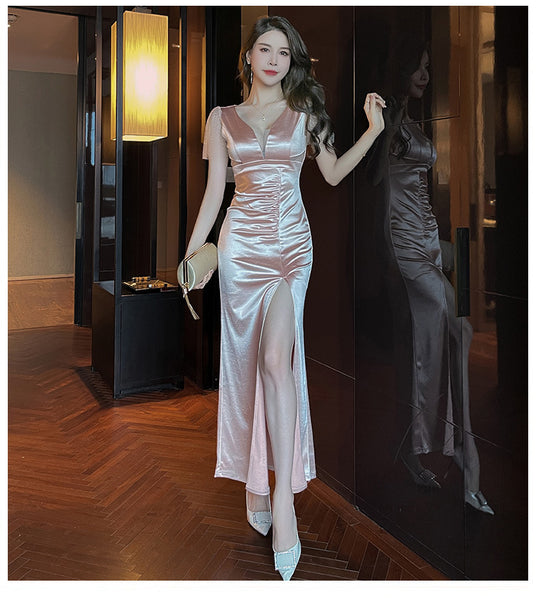 Elegant Sexy See Through Deep V Neck High Waist Side High Slit Slim Bodycon Pleated Long Dresses Party Gown