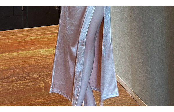 Elegant Sexy See Through Deep V Neck High Waist Side High Slit Slim Bodycon Pleated Long Dresses Party Gown