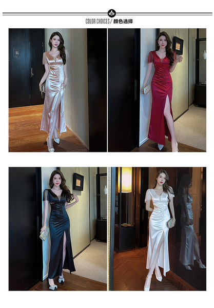 Elegant Sexy See Through Deep V Neck High Waist Side High Slit Slim Bodycon Pleated Long Dresses Party Gown
