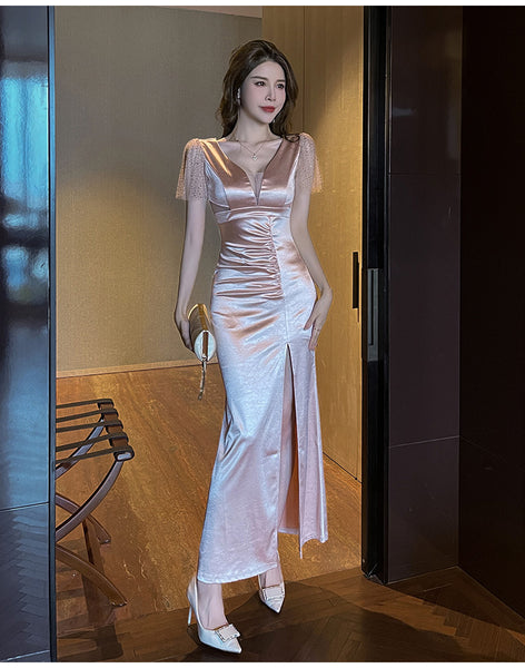 Elegant Sexy See Through Deep V Neck High Waist Side High Slit Slim Bodycon Pleated Long Dresses Party Gown