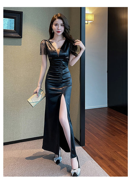 Elegant Sexy See Through Deep V Neck High Waist Side High Slit Slim Bodycon Pleated Long Dresses Party Gown