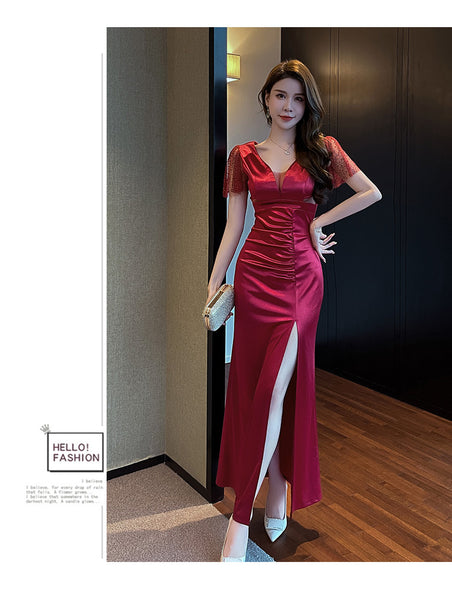 Elegant Sexy See Through Deep V Neck High Waist Side High Slit Slim Bodycon Pleated Long Dresses Party Gown