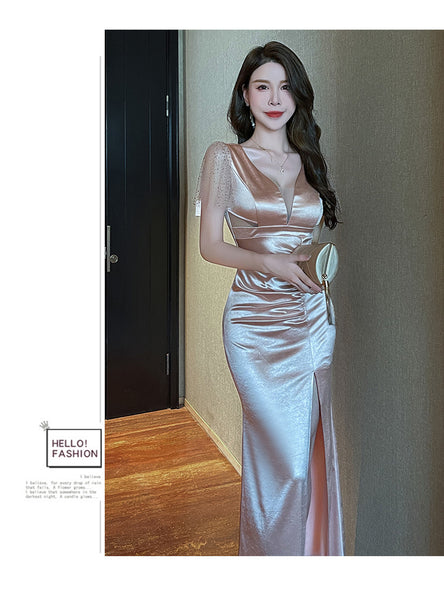Elegant Sexy See Through Deep V Neck High Waist Side High Slit Slim Bodycon Pleated Long Dresses Party Gown
