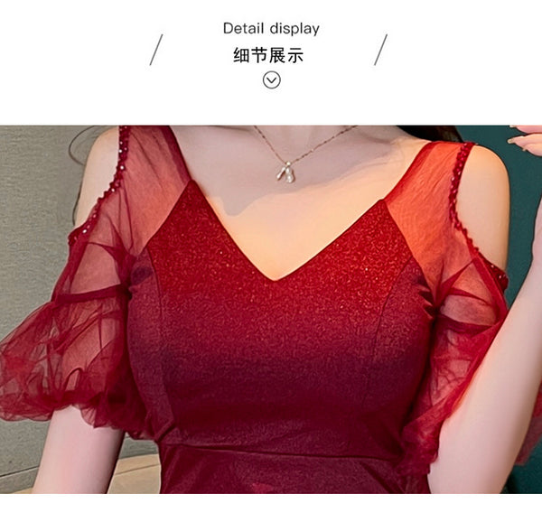 Elegant Sexy See Through Shoulder Lace Puff Sleeve High Waist Side High Slit Slim Bodycon Long Dresses Party Gown