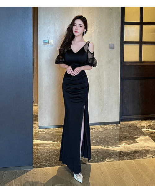 Elegant Sexy See Through Shoulder Lace Puff Sleeve High Waist Side High Slit Slim Bodycon Long Dresses Party Gown