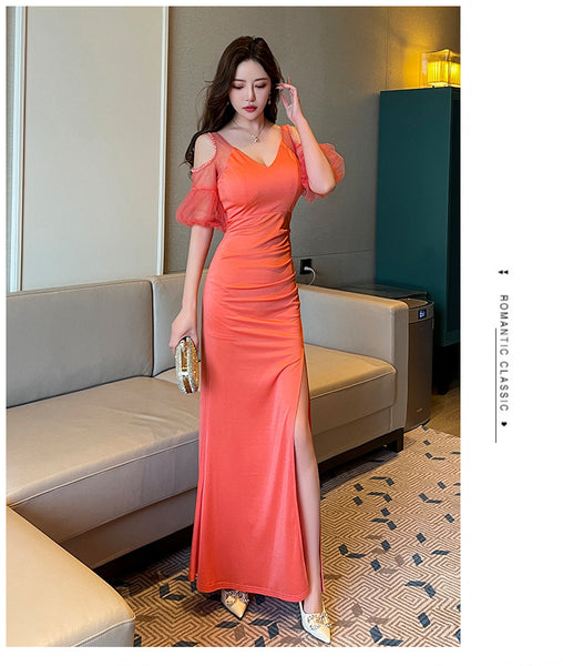 Elegant Sexy See Through Shoulder Lace Puff Sleeve High Waist Side High Slit Slim Bodycon Long Dresses Party Gown