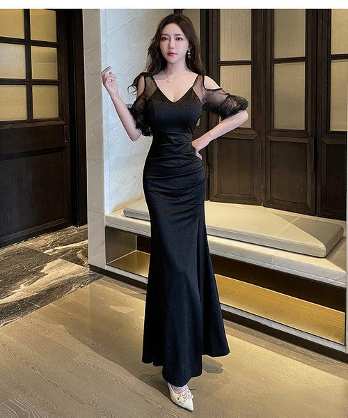Elegant Sexy See Through Shoulder Lace Puff Sleeve High Waist Side High Slit Slim Bodycon Long Dresses Party Gown